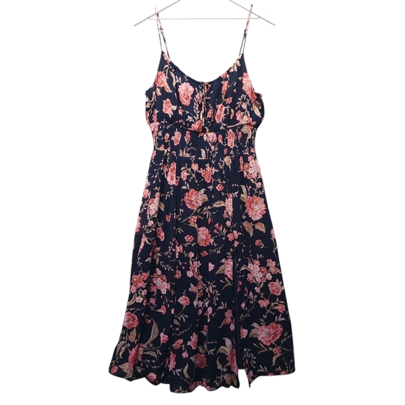 Bila Dresses & Skirts - Bila 77 Floral Milkmaid Smocked Navy Midi Dress with Spaghetti Straps And Slit